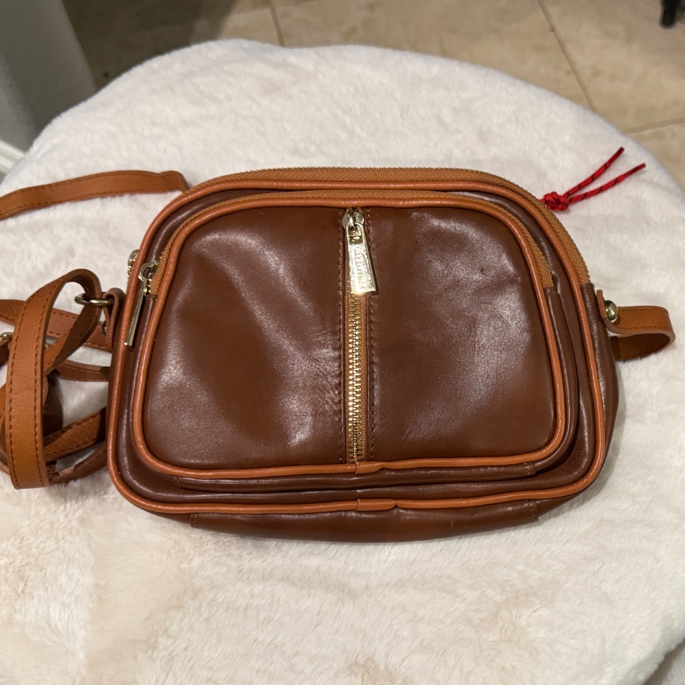 Valentina Tan Leather Crossbody Bag with Gold Zipper
